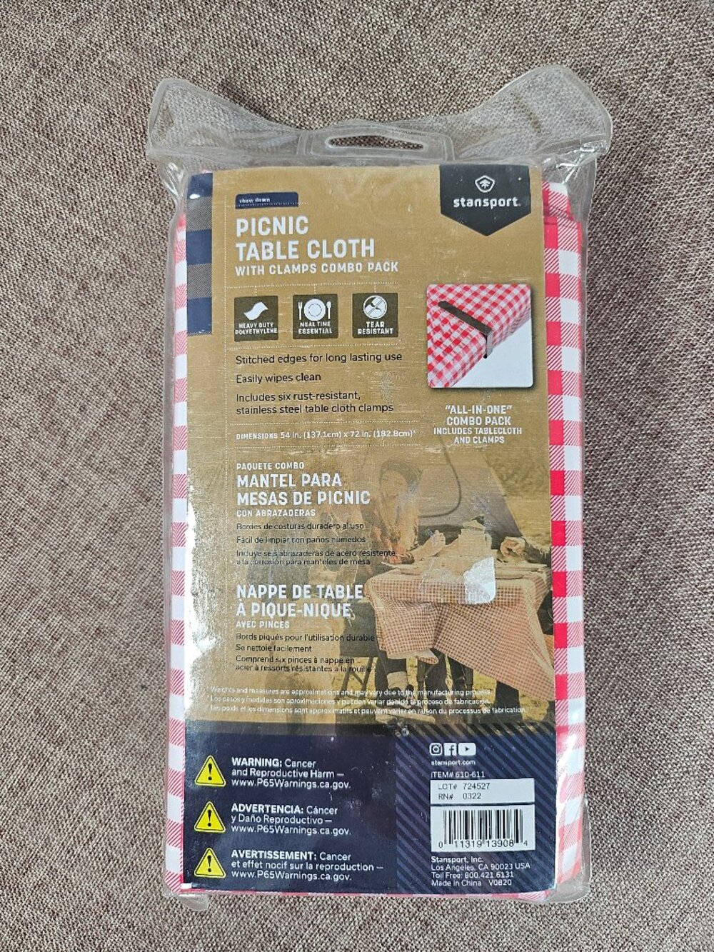 Stansport Picnic Table Cloth With Clamps 54" x 72" Reusable Tear Resistant